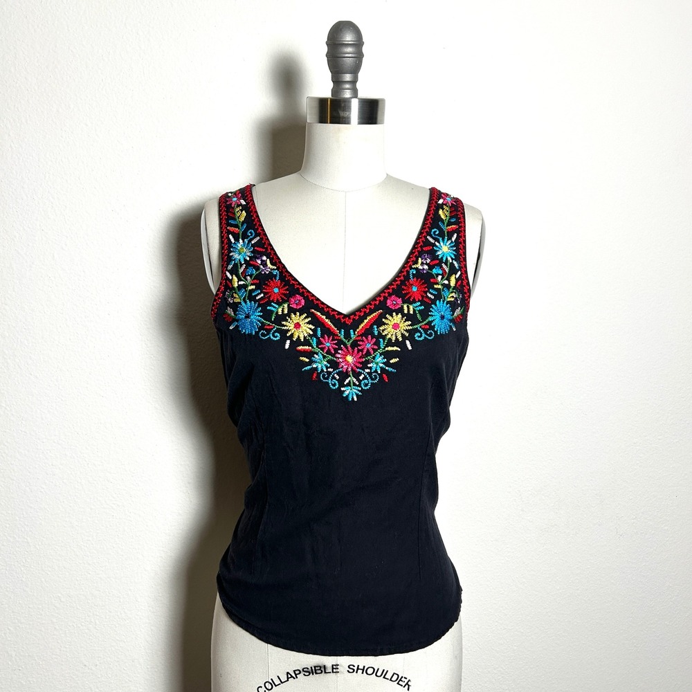 Life Style Black Linen Cotton Floral Embroidered Sleeveless Tank Top Women L Vtg